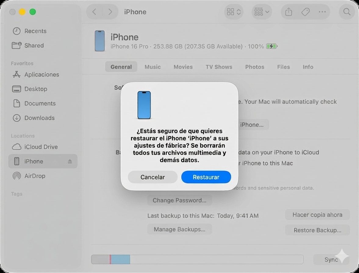 restaurar iPhone usando iTunes o Finder
