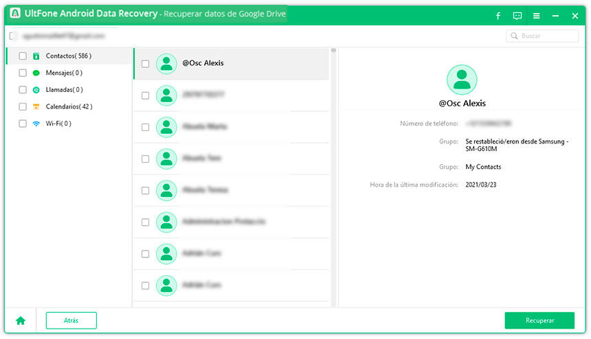 vista previa de contactos de la copia de seguridad de Google Drive