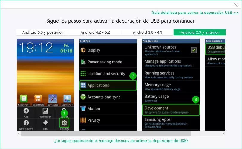 Activar la depuración USB en Android 2.3 o anterior