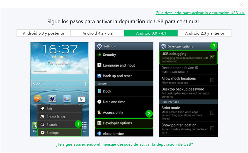 Activar la depuración USB en Android 3.0 a 4.1
