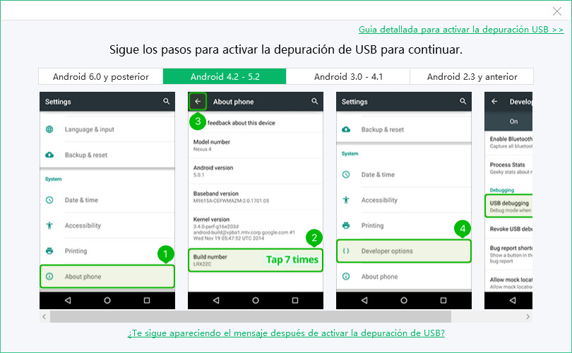 Activar la depuración USB en Android 4.2 a 5.2