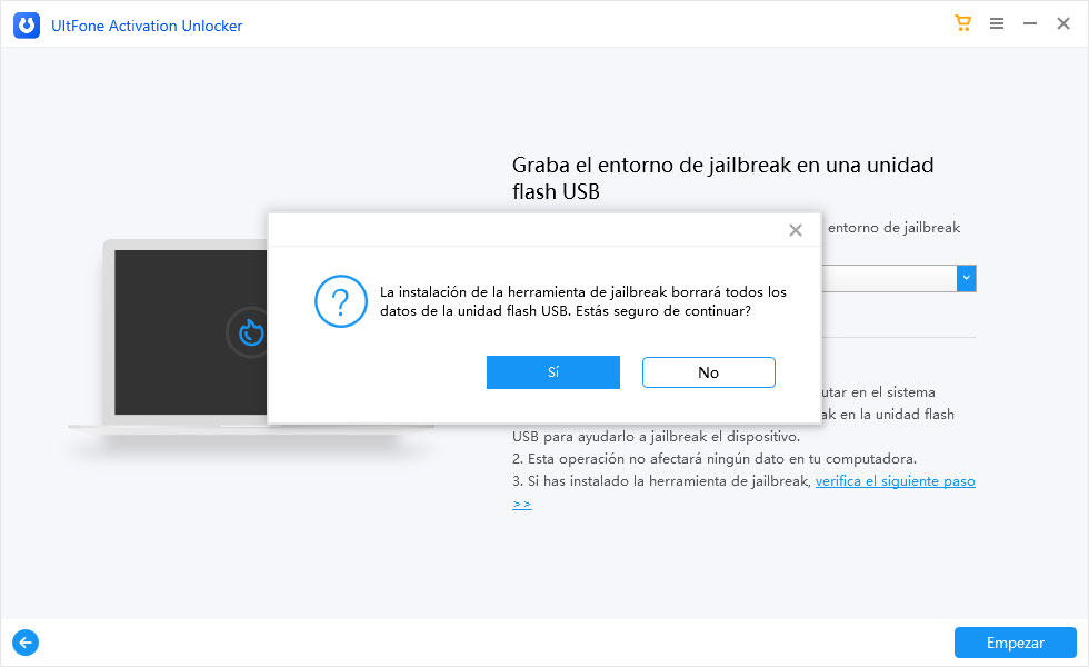 confirmar la grabación del entorno de jailbreak en la unidad flash USB