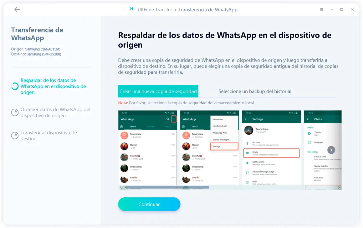 realizar copia de seguridad de whatsapp en el dispositivo de origen antes de la transferencia