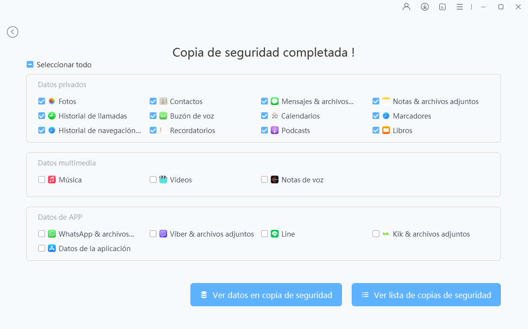 Copia de seguridad del iPhone antiguo completada con éxito