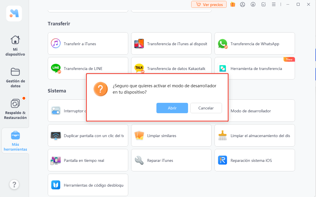 pulsar Open para modo desarrollador