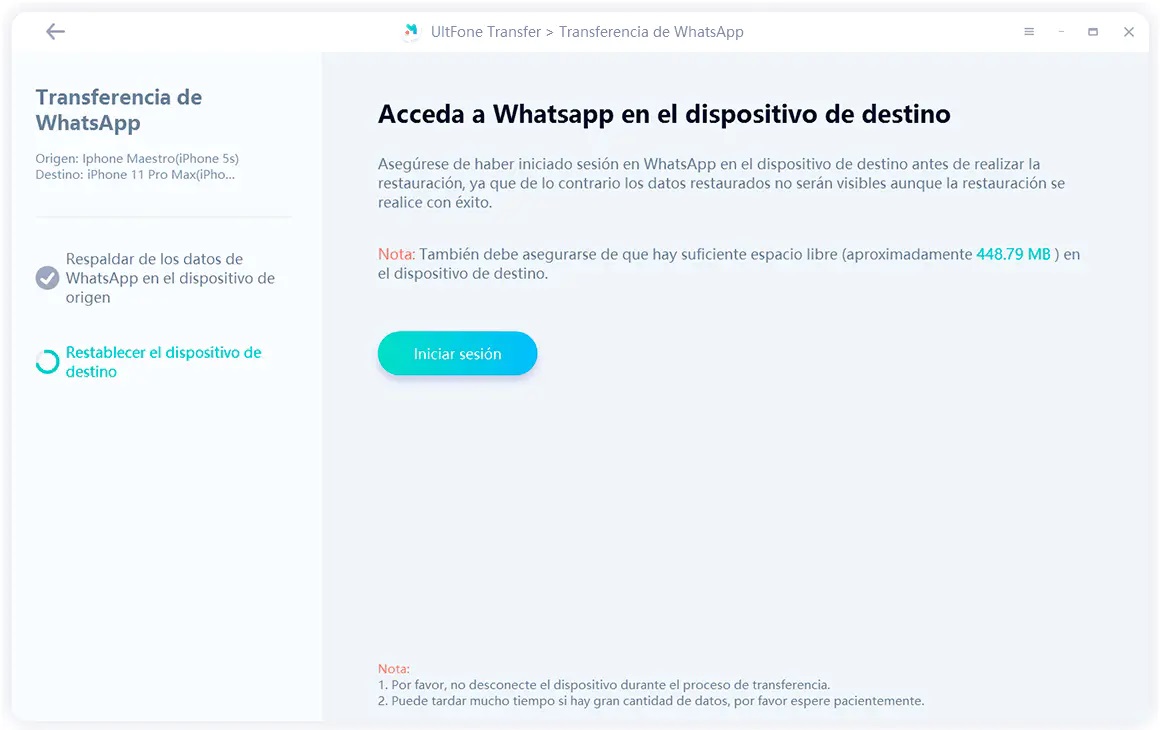 iniciar sesión en whatsapp en el dispositivo de destino antes de transferirlo