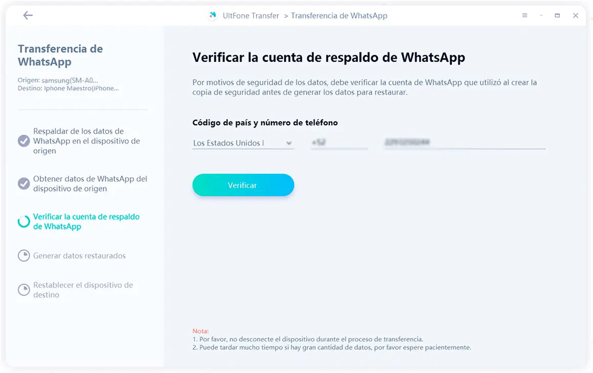 verificar la cuenta de whatsapp en el dispositivo de destino