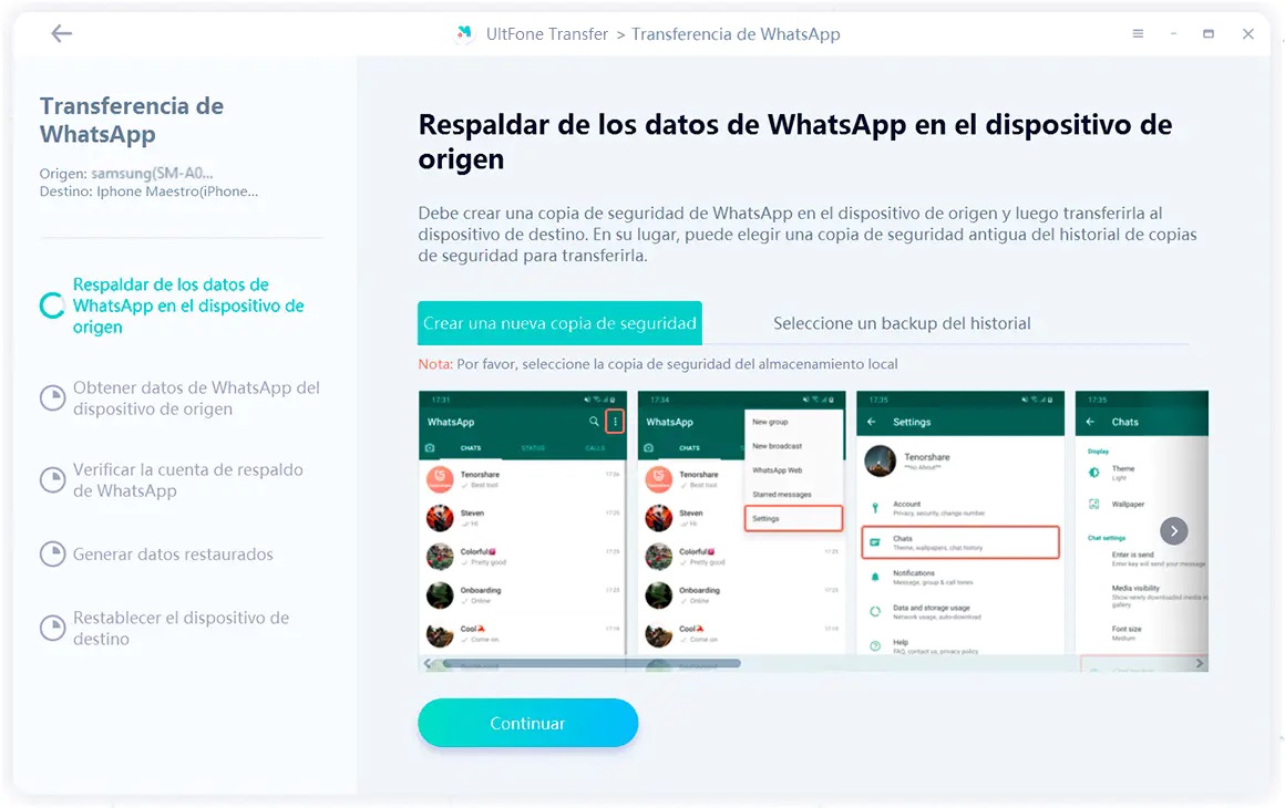 realizar una copia de seguridad de los datos de whatsapp en el dispositivo de origen